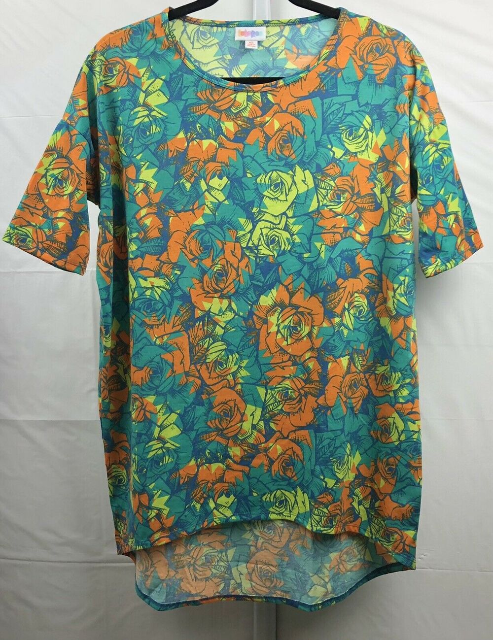 Lularoe Irma Tunic Top Women XS Green Floral Stretch Hi Low Round Hem Blouse